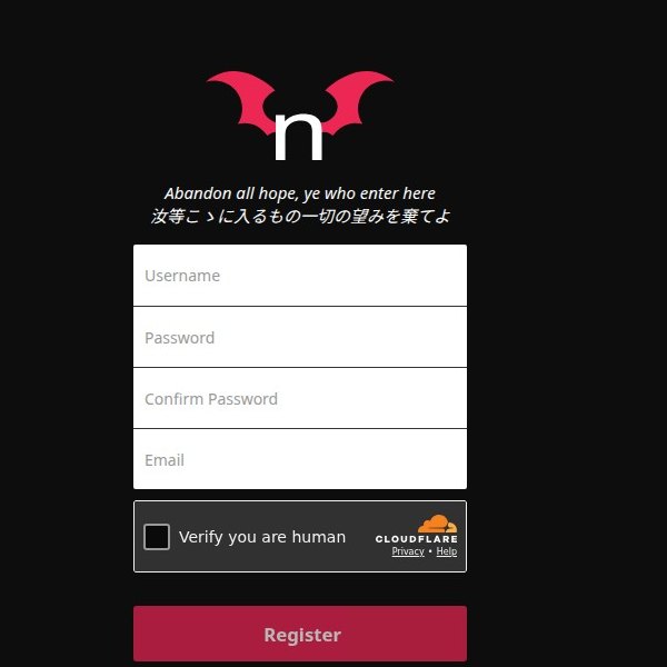 Formulario de registro de nhentai.net con cuatro campos y el botón Register